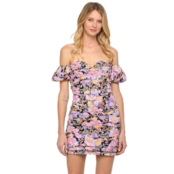Fate Womens Floral Rushed Off The Shoulder Mini Dress Purple Size S Bodycon - Picture 1 of 16